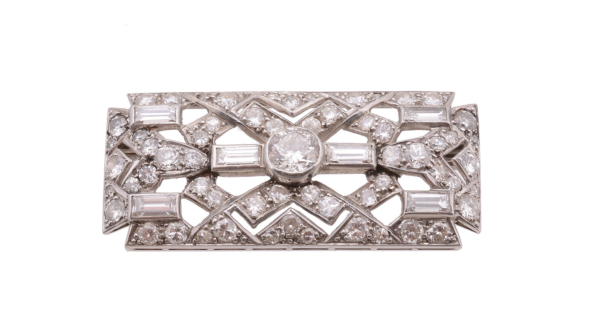 An Art Deco diamond brooch, circa 1930, the pierced rectangular panel set with old brilliant and - Image 2 of 2