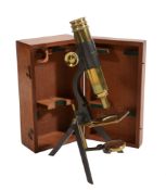 A late Victorian lacquered and patinated brass portable monocular microscope Negretti and Zambra,