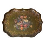 A Victorian painted and parcel gilt papier mache tray  A Victorian painted and parcel gilt  papier