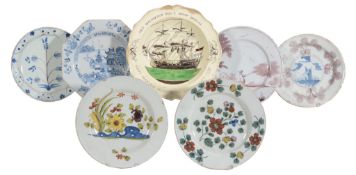 Six various English delft plates, mid 18th century  Six various English delft plates,   mid 18th