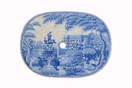 An English pearlware blue and white printed drainer for a meat-dish, possibly C  An English