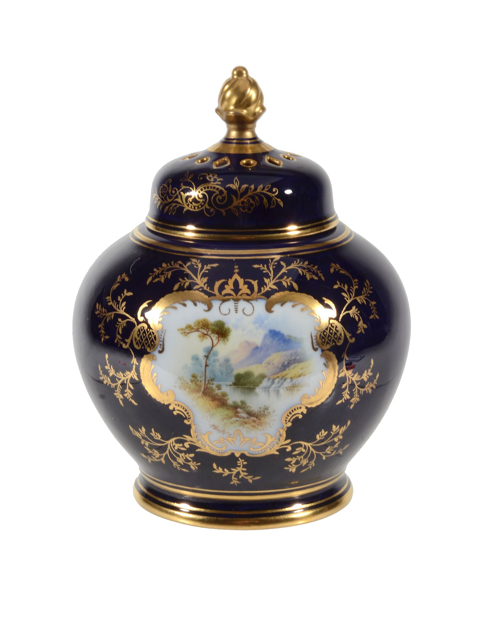 A Coalport blue-ground and gilt globular pot pourri urn and cover signed by P  A Coalport blue-