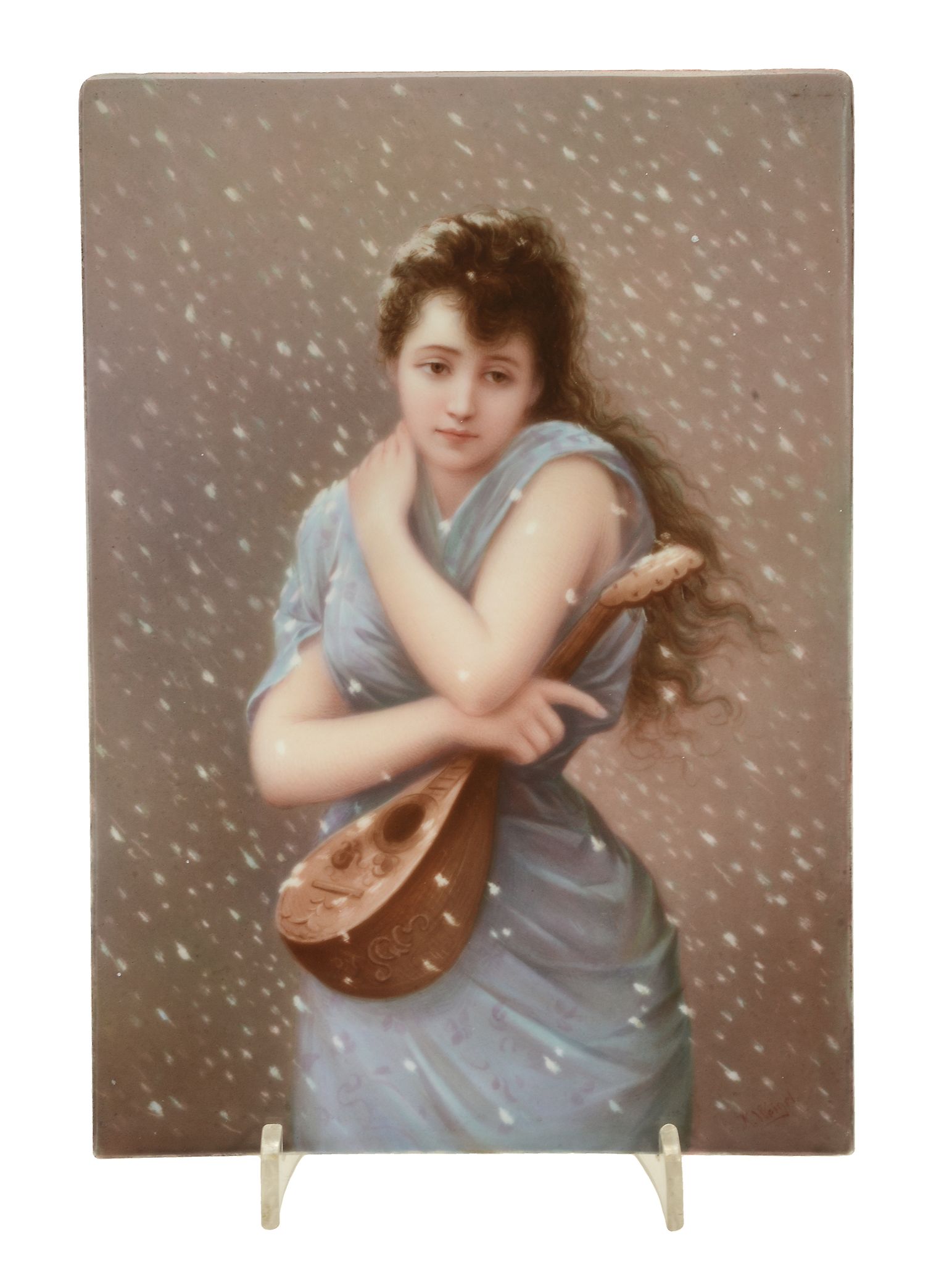 A Berlin porcelain plaque painted with a girl with a mandolin in a snow-storm  A Berlin (KPM)