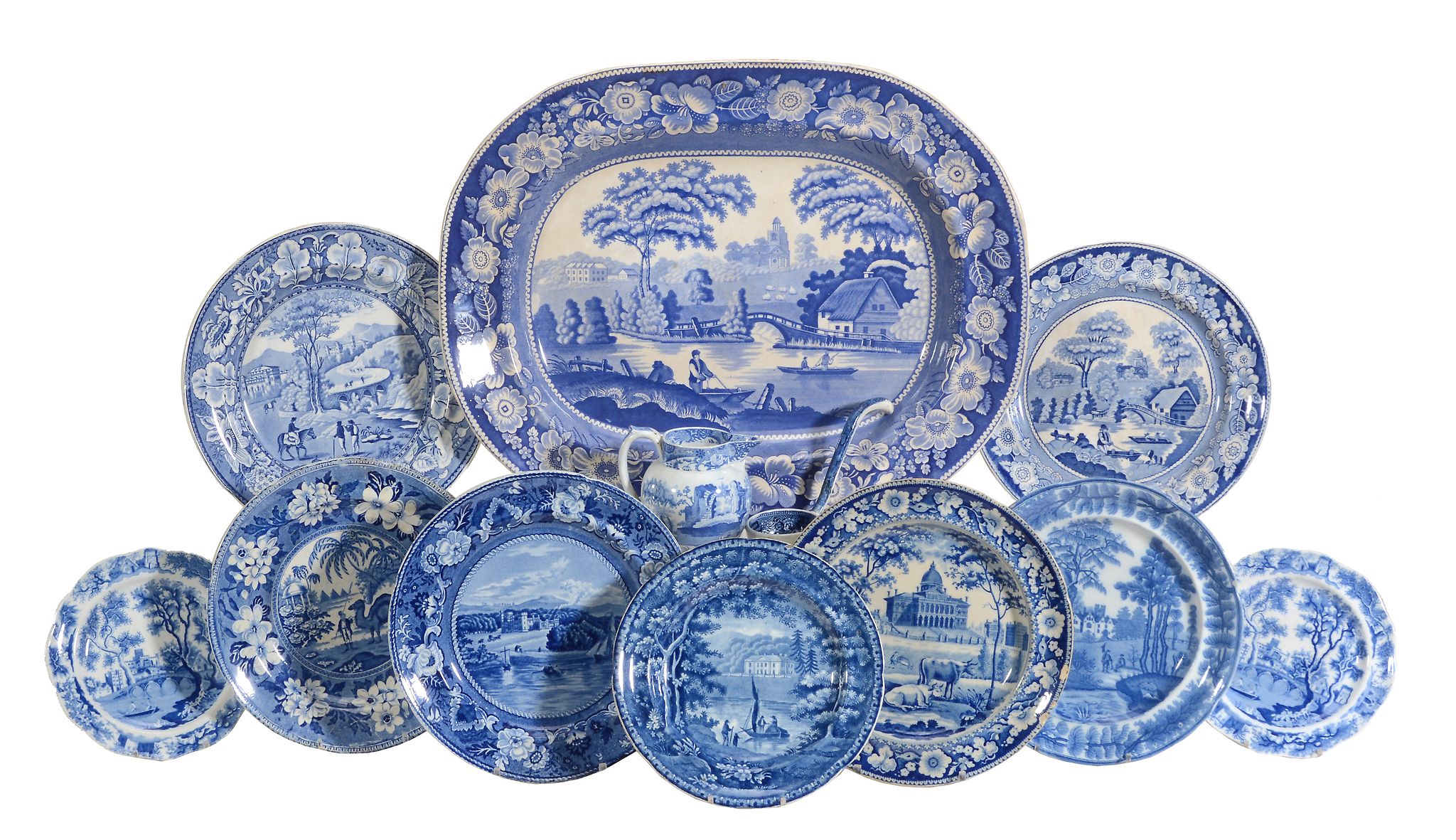 A selection of Staffordshire blue and white printed pearlware  A selection of Staffordshire blue and