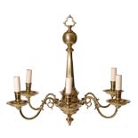 A pair of brass six light chandeliers in early 18th century taste, 20th century  A pair of brass six