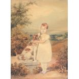 English School (19th Century) - Portrait of a young girl with a dog in an open landscape Watercolour
