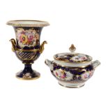 An English porcelain scale-blue ground and gilt campana urn , circa 1820 An English porcelain