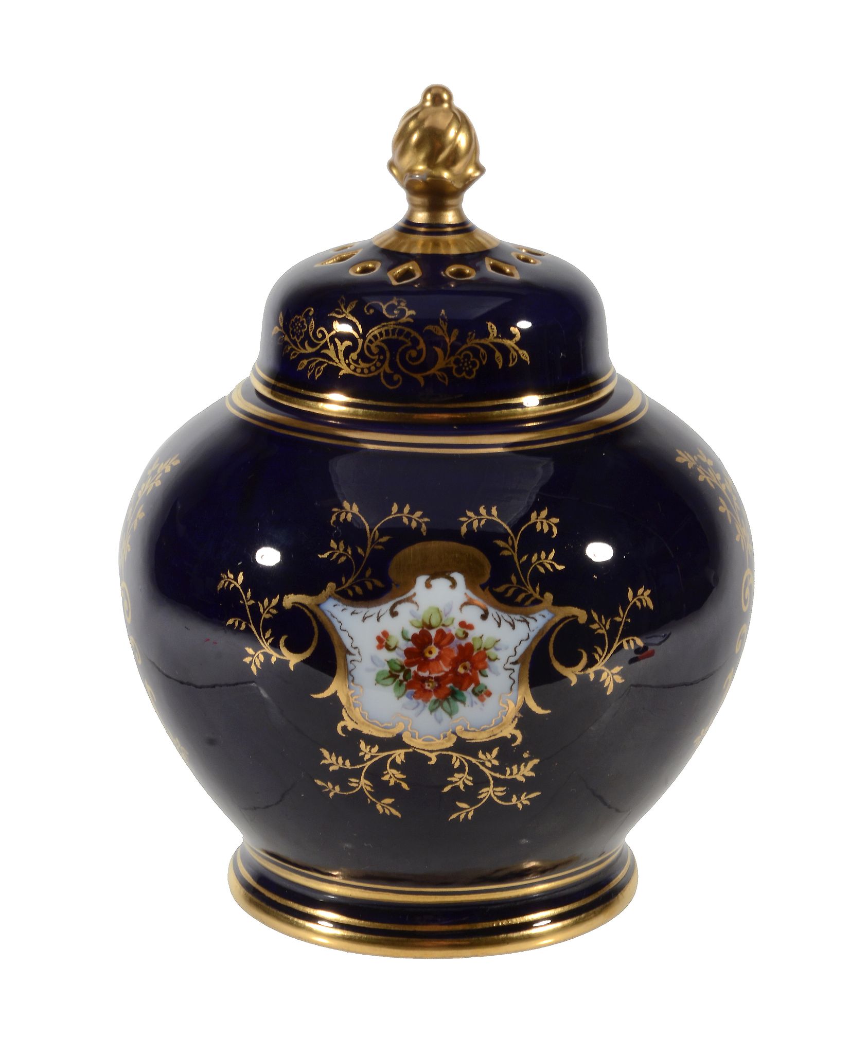 A Coalport blue-ground and gilt globular pot pourri urn and cover signed by P  A Coalport blue- - Image 2 of 2