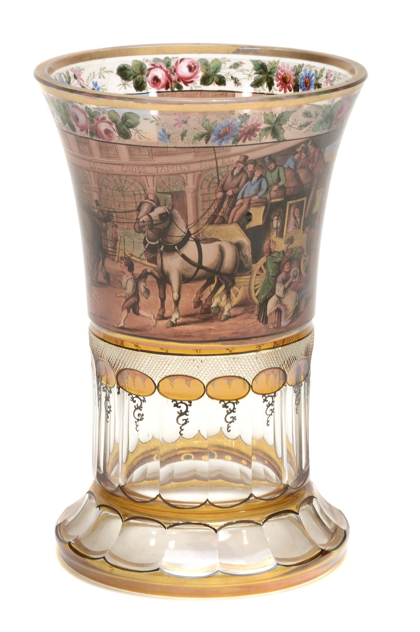 A Bohemian transparent-enamelled beaker decorated with an English coaching...  A Bohemian