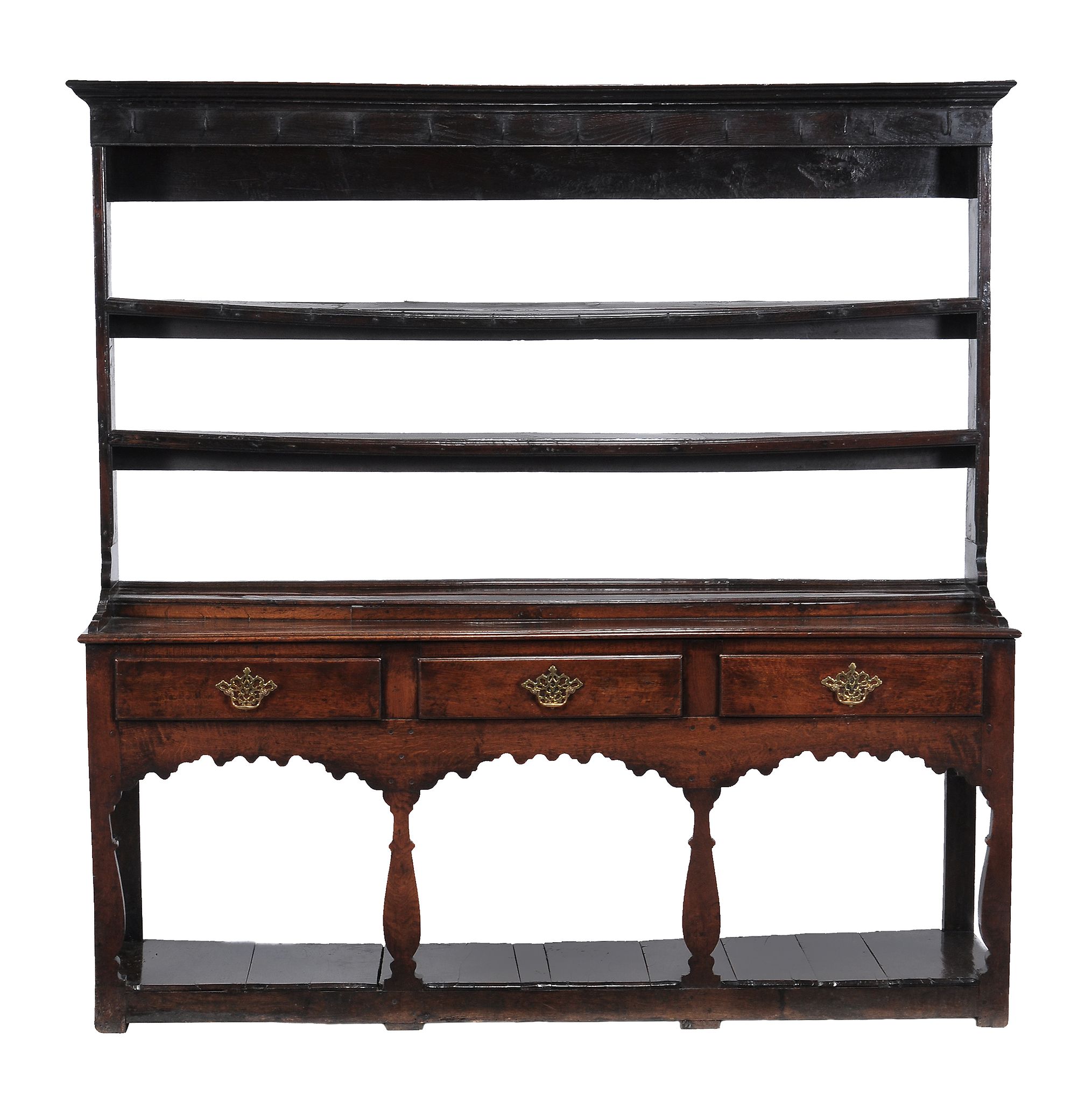 A George III oak dresser, the three open shelves with wrought iron cup hooks  A George III oak
