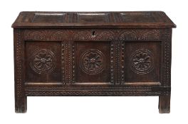 A Charles II panelled oak chest, circa 1660  A Charles II panelled oak chest,   circa 1660, the