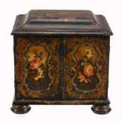 A Victorian painted, parcel gilt and black lacquered table cabinet, circa 1870  A Victorian painted,