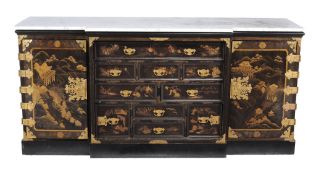 A black lacquer and marble topped breakfront side cabinet , 19th century  A black lacquer and marble