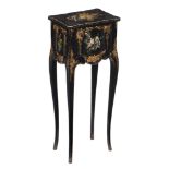 A Victorian black lacquer, gilt and polychrome painted tabouret or work table  A Victorian black