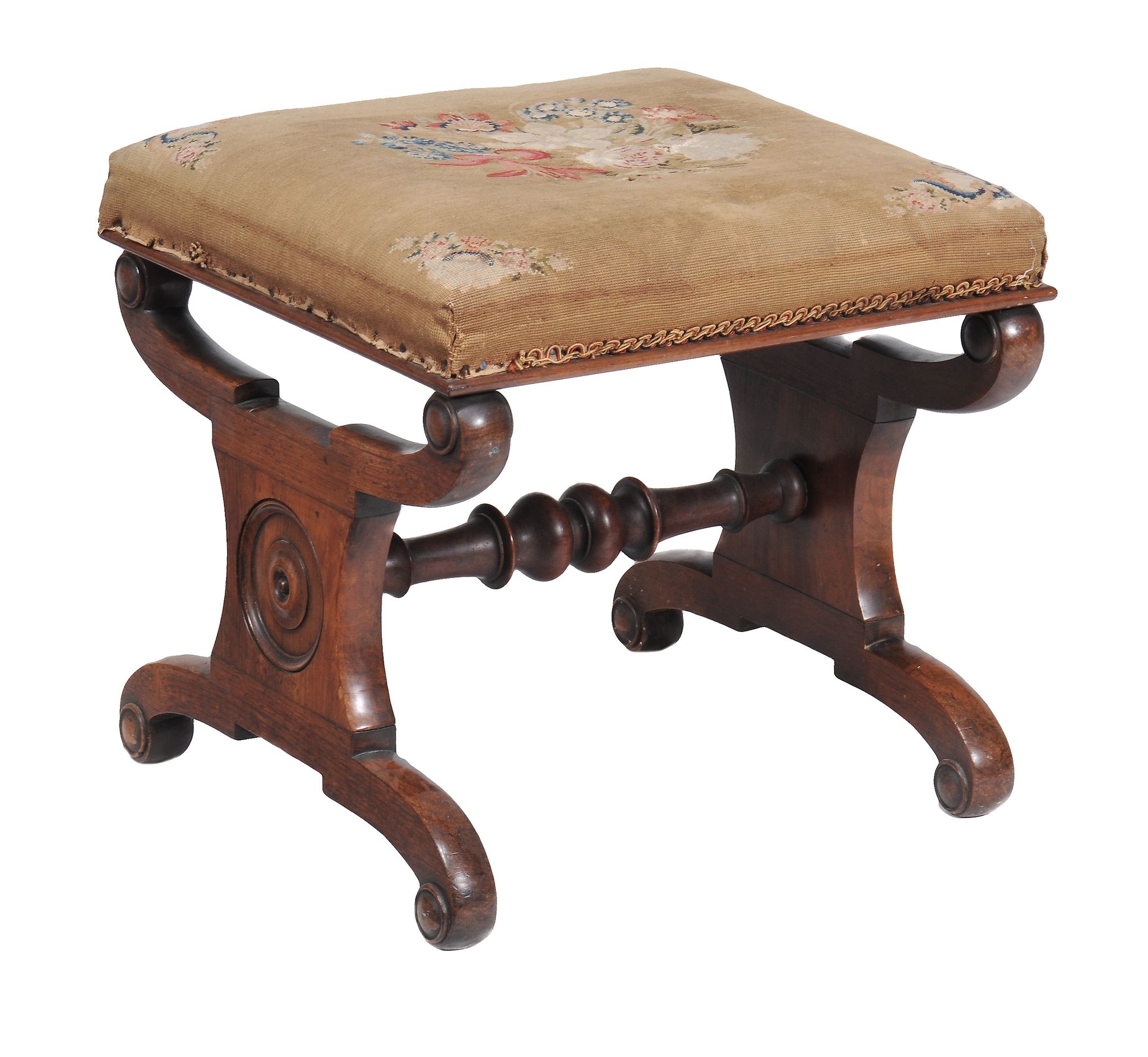 A William IV rosewood stool, circa 1835, with floral tapestry seat on...  A William IV rosewood