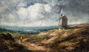 Circle of David Cox the Elder (1783-1859) - Solitary figure beside a windmill with distant landscape