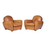 A pair of leather upholstered armchairs , circa 1930 and later  A pair of leather upholstered