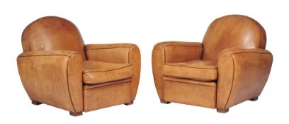 A pair of leather upholstered armchairs , circa 1930 and later  A pair of leather upholstered