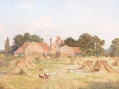 Edward Wilkins Waite (1854-1924) - Hay Stooks with chickens pecking Oil on canvas Signed lower right