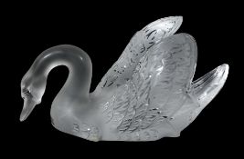 Cygne Tete Vers le Bas, a Cristal Lalique clear and frosted glass large swan  Cygne Tete Vers le