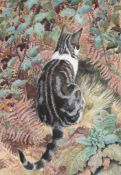 Charles Frederick Tunnicliffe (1901-1978) - Cat amongst ferns Watercolour over graphite,