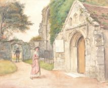 George Goodwin Kilburne (1839-1924) - Two figures on a path outside a parish church Watercolour