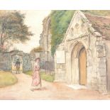 George Goodwin Kilburne (1839-1924) - Two figures on a path outside a parish church Watercolour