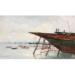 Alfred Harvey Moore (1843-1905) - Boat builders working in a harbour Oil on paper Signed and dated