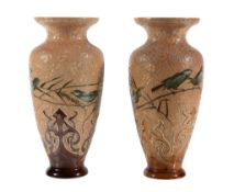 A pair of Royal Doulton stoneware vases by Florence E  A pair of Royal Doulton stoneware vases by