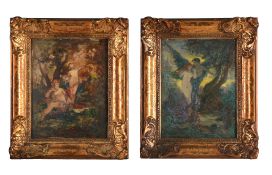 Continental School (late 19th Century) - Woodland nymphs A pair, oil on panel Each c.35 x 26.5