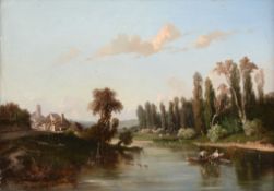 E. Lemmons (fl.1850s) - Fishing on a river, with village beyond Oil on canvas Signed and dated