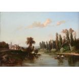 E. Lemmons (fl.1850s) - Fishing on a river, with village beyond Oil on canvas Signed and dated