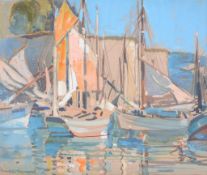 Arthur Henry Knighton Hammond (1875-1970) - Sailing boats in a harbour Gouache on linen Signed in