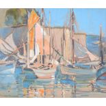 Arthur Henry Knighton Hammond (1875-1970) - Sailing boats in a harbour Gouache on linen Signed in