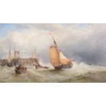 James Webb (1825-1895) - Fishing boats in a squall by a jetty Oil on canvas 44 x 80 cm. (17 1/8 x 31