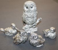 A hallmarked Sterling silver mounted model of an owl, two smaller owls and two ducks -5