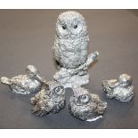 A hallmarked Sterling silver mounted model of an owl, two smaller owls and two ducks -5