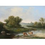 English School (19th Century) Cattle by river with derelict castle in the distance Oil on canvas