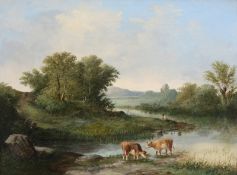 English School (19th Century) Cattle by river with derelict castle in the distance Oil on canvas