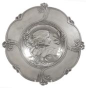 Art Nouveau silvered pewter dish, unmarked, 30cm in diameter