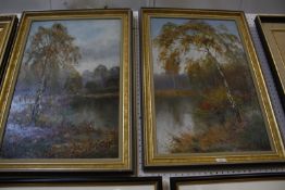 H... Grenville (20th Century) Autumnal lake scene with figure fishing Signed lower left on one Oil