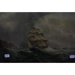 J.. Humble (19th century) A sailing ship on a rough sea by a rocky coastline Oil on canvas Signed