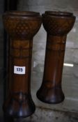 A pair of Art Nouveau Mahogany Ink Decorated Wooden 'Church Style' Candlesticks, 31cm high