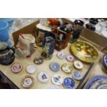 A collection of character jugs, a Coalport plate, assorted trinket dishes etc