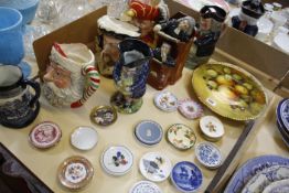 A collection of character jugs, a Coalport plate, assorted trinket dishes etc
