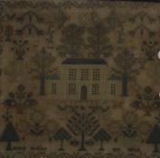 A George III sampler depicting a house, trees, etc. by Bettey Buckley, 36cm x 41cm