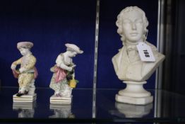 A pair of Continental figures in the 18th Century style, grape harvesters and a Parian bust of