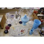 A quantity of assorted glassware to include a silver mounted jug, decanters, paperweights etc