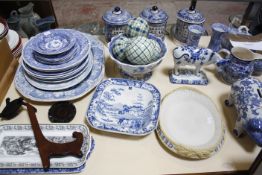 A quantity of blue and white ceramics, to include meat plates, dishes, jugs and other decorative