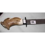 A Victorian Scottish hunting hanger or knife, with 31cm long watered steel blade and antler